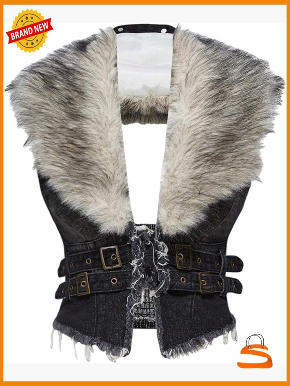 Faux Fur Denim Vest Smocked Open Back Sleeveless Raw Trim Cropped Vest Jacket